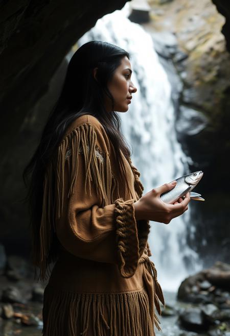 beautiful woman, Native American, looking out from a cave behind a waterfall, deerskin clothes, moccasins, scraping knife in one hand, fresh salmon in the other, side view. close up on face and hand