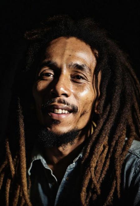 Close-up, (bob marley), grim smile, relaxed pose, portrait movie shot, serious, menacing, chiaroscuro style photo, dark background, minimalism, dramatic lighting, professional quality, dull highlights and shadows, natural and   original, laser eyes