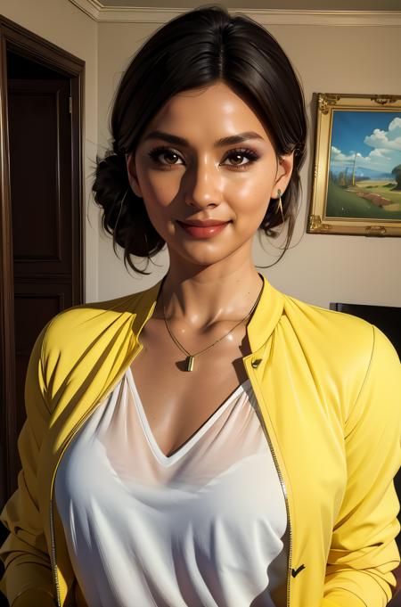 riomorales,brown eyes,black hair,hair bun,
necklace,yellow jacket,white shirt,
standing,upper body,
smile,
living room,
(insanely detailed, masterpiece, best quality),solo,<lora:riomorales:0.8>,