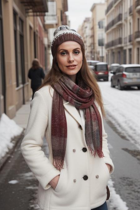 Candid photo of a young Spanish woman, age 20, wearing winter clothing with a warm scarf and a cozy hat, smiling gently, upper body framing, on a snowy street in Madrid under the soft diffused lighting of a cloudy winter day, shot at eye level on a Canon EOS 5D with a 50mm lens, in the style of Alberto Seveso., (masterpiece, best quality, hires, high resolution:1.2, 4k, 8k , high quality), extremely detailed, realistic, intricate details, highres