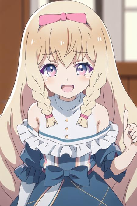 best quality, masterpiece, highres, solo, {noire_foschurose_kumakumakumabear:1.15}, blonde_hair, long_hair, braid, bow, hair_bow, bangs, twin_braids, purple_eyes, smile, blush, open_mouth, 1girl, bare_shoulders, blue_eyes, dress, tears, elbow_gloves