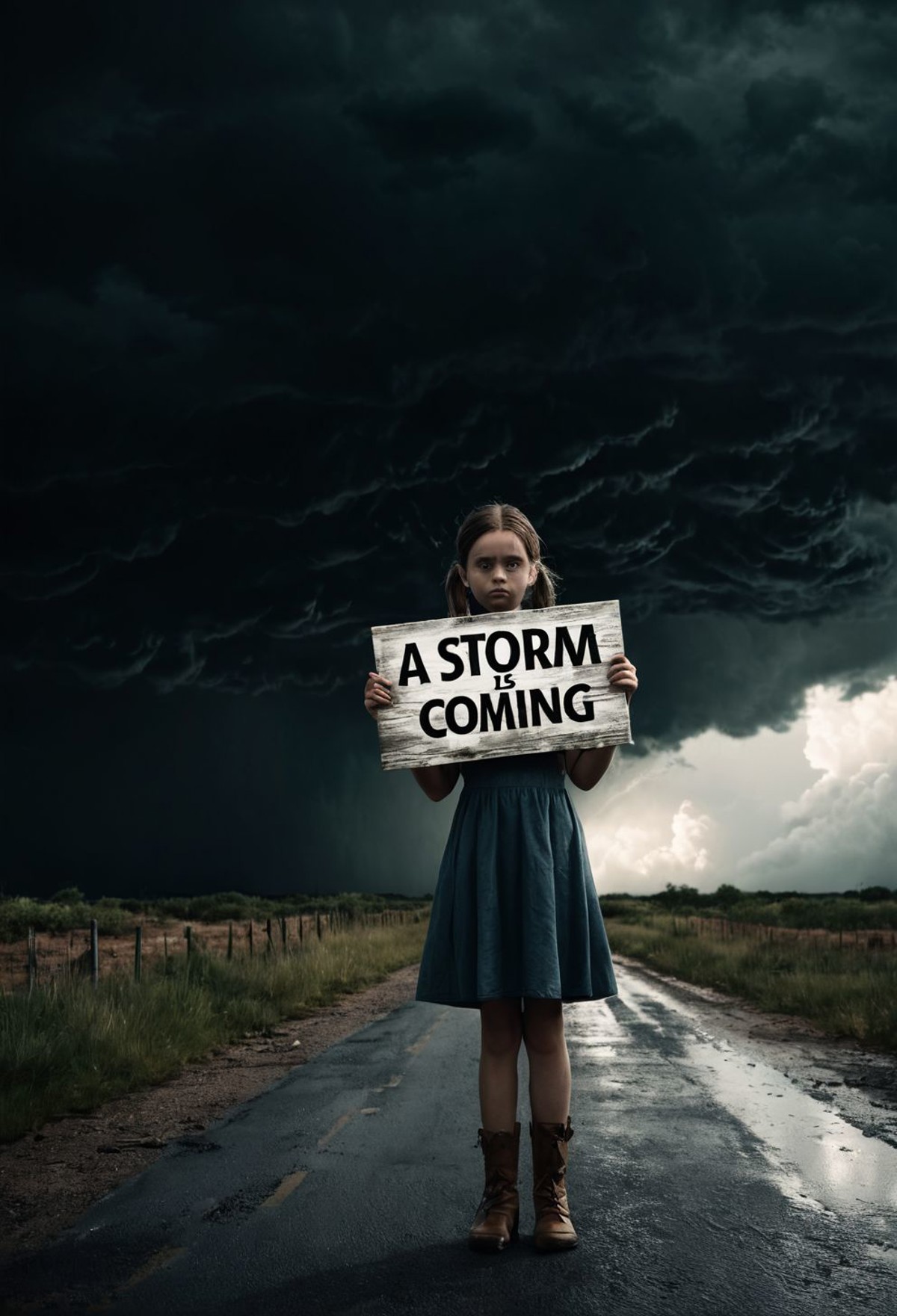 girl holding a sign that says ’a storm is coming’, cinematic still, dramatic composition, realistic shadows,