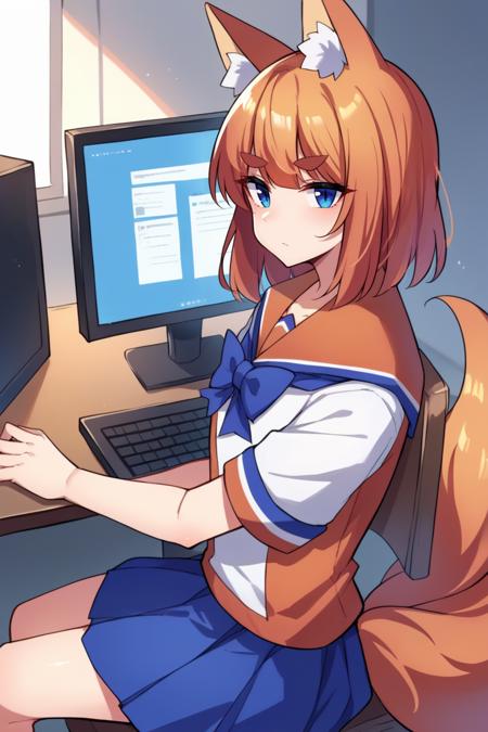 ffchan, fox ears blue bowtie, white shirt, serafuku, short sleeves, blue skirt, fox tail