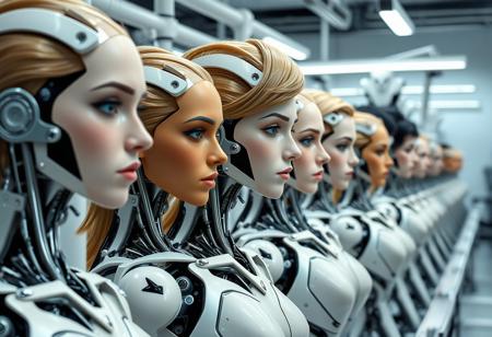 Wide shot of a production line of beautiful female cyborgs. They all have different heads, skin and hair colors. The workshop is white and aseptic, with high-tech machinery. The image is highly detailed and high-definition.