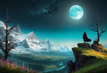 Hyper realistic artwork Capture the essence of mystical landscape a person standing on top of a cliff, trending on Artstation, nagash editorial, dark atmosphere pinterest, an arcane wizard casting a spell, dan mumford.
In a land where time danced to the whispers of ancient trees and castles, there existed a meadow bathed in morning dew. Wildflowers, their petals delicate as dreams, adorned the grassy canvas. Beyond this mystical haven, snow-capped peaks kissed the stary night sky, gigantic moon promising a new day filled with wonder and adventure.  dark Photography, a landscape , darkness, bokeh blur background, award winning, photo-art, , Canon DSLR, Backlight, Artstation, Photography, stvmccrr style,  
,( lighting, dark palette, highly professional, dramatic lighting, extremely beautiful:1.6), ((intricate details, masterpiece, best quality:1.6)),
, Vibrant, dynamic,  highly detailed, reminiscent ,  , dynamic pose
 in the style of Mikko Lagerstedt
 8 k octane render, concept art | rutkowski, ghostly necromancer, fantasy card game art