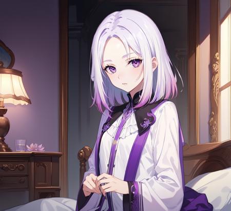 (artwork), (masterpiece), (amazing work), (masterpiece), (extremely detailed CG 8k unit wallpaper), <lora:GoodHands-vanilla:0.6>, <lyco:Nova-15:1.0>, (blunt ends:1.4), medium hair, purple hair, white hair, purple colored tips, gradient hair, purple eyes, sitting, bedroom