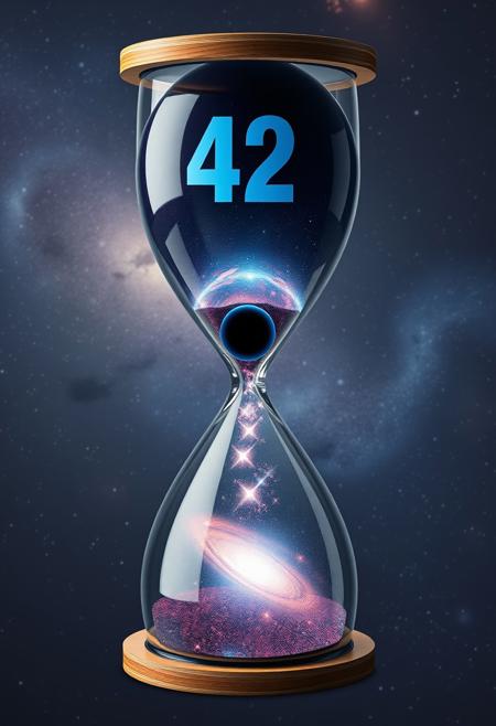 formation of galaxies in an hourglass. The top half contains the number 42 bowling ball, the center contains a blackhole, glowing stars are trickling to the bottom half contains a full galaxy
