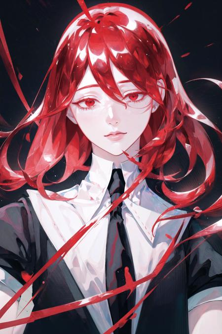 masterpiece, best quality, (realistic photo:1.2), detailed illustration, detailed face and eyes, ultra-detailed, illustration, androgynous, red hair, solo, 1other, gem uniform (houseki no kuni), necktie, red eyes, short hair, hair between eyes, black background, sparkle, black necktie, simple background, upper body, formal, crystal hair <lora:gem:1>