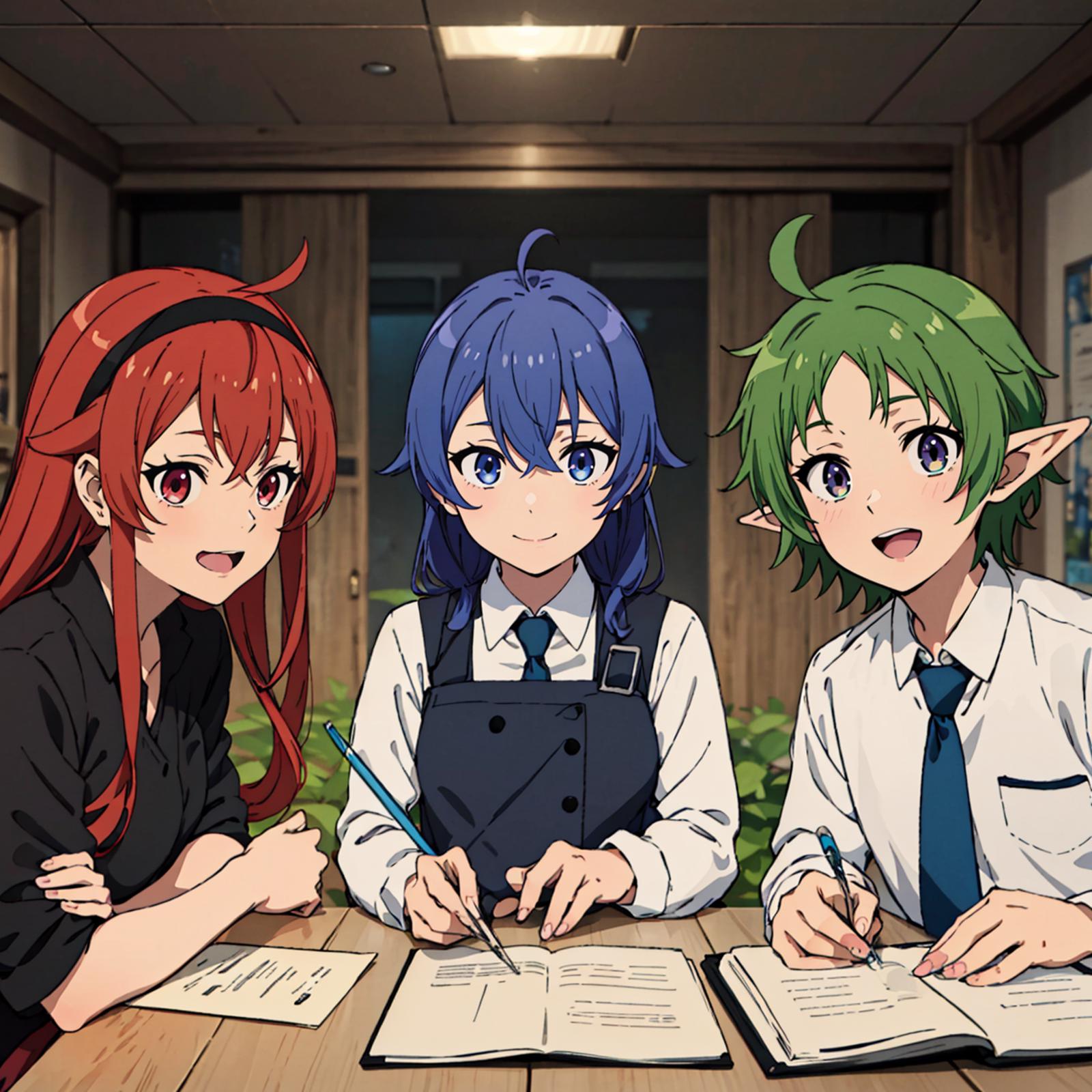 Three young girls in school uniforms, smiling and writing at a table.
