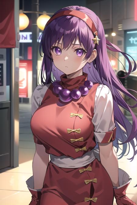 athena asamiya, long hair, hair ornament, (purple eyes:1.1), purple hair, hairband, star \(symbol\), star hair ornament, red hairband, gloves, jewelry, pants, fingerless gloves, necklace, bead necklace, chinese clothes, dress, red dress, puffy sleeves, short sleeves, white sleeves, red gloves,