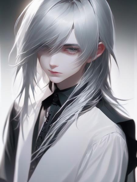 (cute:1.4) boy, silver long hair. bangs. gothic.
beautiful face. beautiful hair. straight hair.
white shirt.
<lora:loha_gothic_sdxl:1>