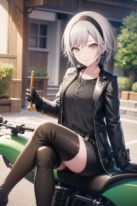 <lora:ShihoV3-07:0.7> , hinoshiho, 1girl, solo, looking at viewer, smile, short hair, shirt, gloves, long sleeves, holding, jewelry, sitting, closed mouth, green eyes, collarbone, jacket, grey hair, hairband, earrings, boots, outdoors, open clothes, belt, pants, white gloves, necklace, black footwear, open jacket, black shirt, dutch angle, thigh boots, black pants, crossed legs, black hairband, ground vehicle, instrument, motor vehicle, zipper, high heel boots, leather, motorcycle, instrument case, on motorcycle