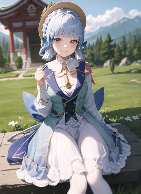 <lora:kamisatoayaka1-000008:1>, kamisatoayakaspring, full body, sitting, smile, blush, outdoors, day, simple background, blue sky, short hair, sky, temple, looking at viewer, sitting on stairs, mountain, moody lighting,