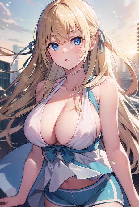 sylphy, blonde hair, blue eyes, hair ribbon, long hair, ribbon, two side up, cleavage, shorts, short shorts, blue shorts,cleavage, shorts, short shorts, blue shorts,