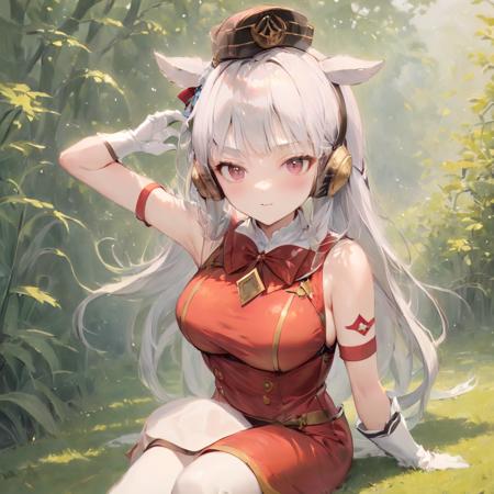 masterpiece, 8k wallpaper, masterpiece, 1girl, GoldShip, <lora:GoldShip>, white lon hair, blush, red outfit, grass, full body, wearing headset, hats, white stocking,