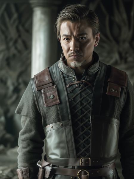 ((1man, upper body, very short hair)), realistic, photorealistic, (masterpiece:1.5), concept art, intricate details, highly detailed, octane render, 8k, unreal engine, dynamic pose, best quality, highres, ((dramatic)), epic, depth of field, particles, (realistic face:1.1), Game of Thrones background, <lora:ldh:0.3>