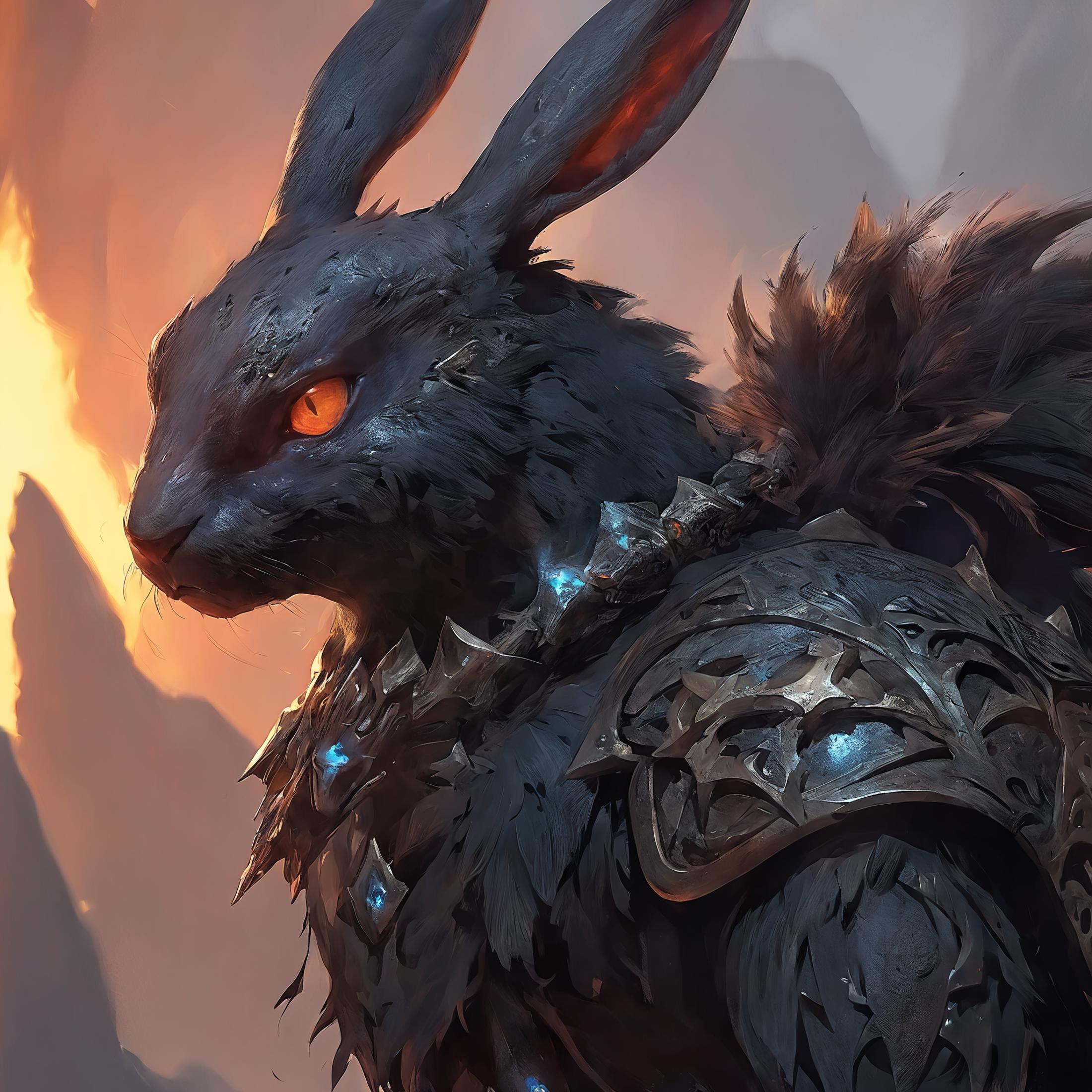 A large, dark, and spiky bunny with glowing red eyes stands in front of a mountain.