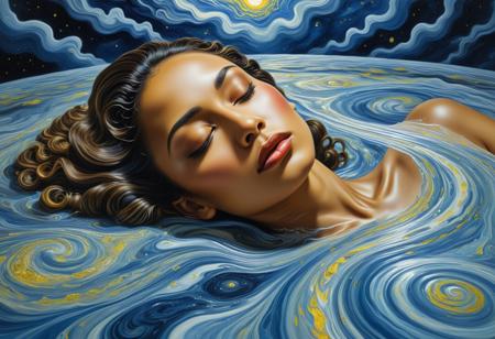 liquid marble painting, impressionism, (surrealism, psychedelic:0.7), portrait, realistic, masterpiece, best quality, mixed-race supermodel, (pretty upturned nose, smooth feminine facial features, full lips, almond-shaped eyes, half-closed eyes, pale hazel eyes:0.9), (Alex Grey, Claude Monet, Salvador Dali, Van Gogh:1.1)
BREAK
hair melting into endless black holes collapsing into a cosmic sea of nebulas and supernovas