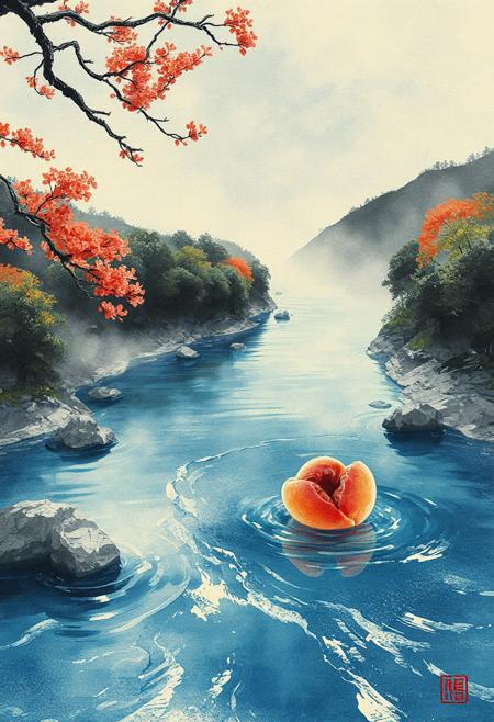 The peach flows backwards down a great river and floats on its surface.
Japanese art style, Japanese ink painting, 
best quality, sharp focus, high contrast, colorful, ultra quality, 8k, best quality,
