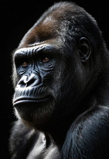 Close-up, (GORILA ), grim smile, relaxed pose, portrait movie shot, serious, menacing, chiaroscuro style photo, dark background, minimalism, dramatic lighting, professional quality, dull highlights and shadows, natural and   original, laser eyes