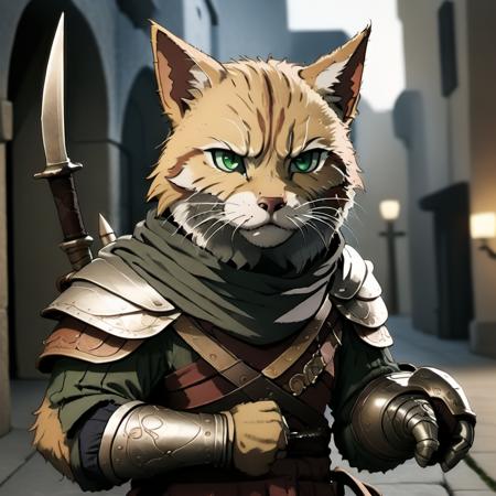 highly detailed analog photo of tabaxi, 

solo, green eyes, holding weapon, sword, scarf, armor, gauntlets, looking at viewer, blurry, blurry background, realistic:1.3, medieval alley,


masterpiece, best quality:1.1, 

depth of field:1.1, 
(analog photography:1.2),


