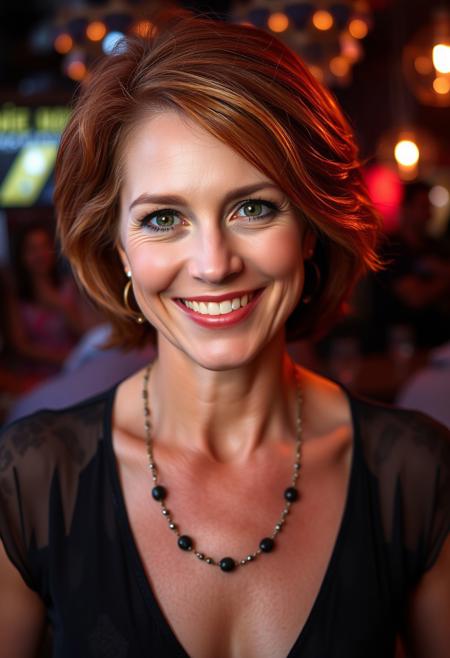 Portrait of a (redhead hair) mature woman, green-brown eyes, medium-short hair, smiling, wearing a necklace, fit, slim, in nightclub, best quality, highly detailed, intricate details, happy