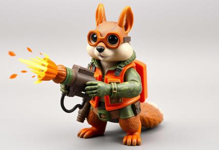 1990s-style action figure toy of an anthropomorphic squirrel dressed as a forest-themed nut defender superhero. The squirrel wears an orange utility vest, forest camo gloves, and goggles, holding a walnut-shell cannon that fires acorn projectiles and confetti nutrient bursts. Stylized accessories mini pumpkin grenades, and a belt of seeds. Bright colors, nostalgic aesthetic, detailed toy design, whimsical and heroic style, bold comic-book shading. Clean background. (No text). Birds-Eye view, Isometric angle. 4:5 aspect ratio --v 5 --style 90s --ar 4:5