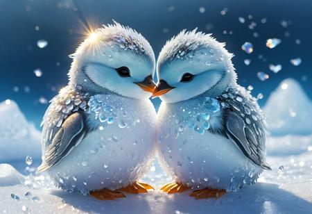 two adorable chibi penguins hugging on the ice, 
snowy icy artic background, 
Broken Glass effect, 
no background, 
stunning, 
something that even doesn't exist, 
mythical being, 
energy, 
molecular, 
textures, 
iridescent and luminescent scales, 
breathtaking beauty, 
pure perfection, 
divine presence, 
unforgettable, 
impressive, 
breathtaking beauty, 
Volumetric light, 
auras, 
rays, 
vivid colors reflects