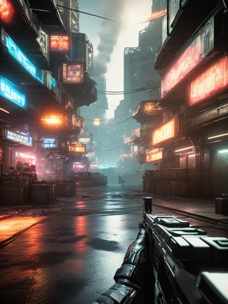 first person view in a warfare in Neon-lit sprawl, bustling street markets, holographic billboards, augmented citizens, echoing techno beats, chrome-clad vendors, synthetic street food aromas, data hackers' hideout, encrypted code graffiti., gameplay screenshot, fps gameplay, future_warfare , <lora:Future_Warfare-10:1>