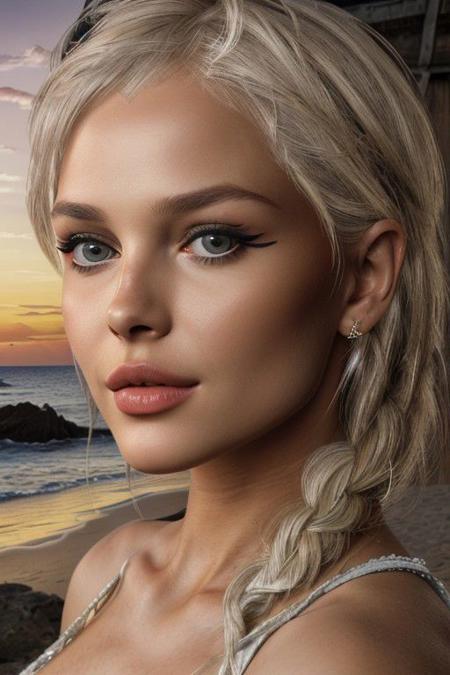 A photorealistic portrait of <lora:slsophieV2:0.6> slsophie, braided hair, (closeup portrait, beautiful, prettified, lip filler, detailed face, detailed eyes, narrow oval face, tanned skin, feminine features:1.2), huge round breasts,  natural bowed brows, cosplaying a pirate, having a crow perching on her shoulder, looking aside, smile, detailed skin texture, elegant, highly detailed, sharp focus, ((epic scenery, masterpiece, dramatic lights, epic composition)), insane details, intricate details, hyperdetailed, exposure blend, hdr, faded, tropical beach, sea, boats, waves, sunset