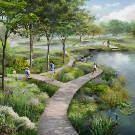 <lora:JJsLandscape_Render_XL:1>,  ((Landscape Render)), masterpiece, best quality, scenery, outdoors, tree,  real world location, grass, bush, walkway ,water, subject, high quality,  soft lighting, road, grass, sky, cloud,  water color, multiple girls, multiple boys,