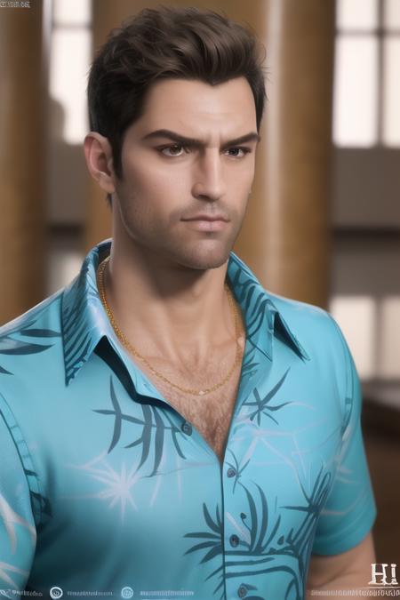 standing in front of a golden sculpture in a room with columns and columns, (Close-Up:1.3),
Standing at attention,
(blue_shirt:1.5),necklace,jewelry,Jeans,
<lora:Tommy_Vercetti_GTA_Vice_City-KK77-V1:0.7>,black_hair,
1 Man, 33yo,male,looking at viewer,(angry:1.0),
NSFW,official art,extremely detailed CG unity 8k wallpaper, perfect lighting,Colorful, Bright_Front_face_Lighting,
(masterpiece:1.0),(best_quality:1.0), ultra high res,4K,ultra-detailed,
photography, 8K, HDR, highres, absurdres:1.2, Kodak portra 400, film grain, blurry background, bokeh:1.2, lens flare, (vibrant_color:1.2) 
(Without_watermark:1.5)