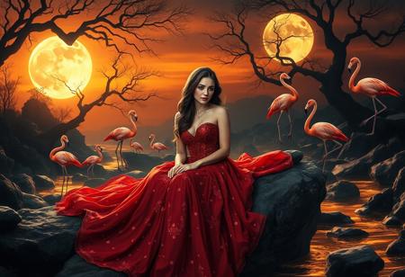 oil painting style, Fantasy scene of a woman in a glittering red gown flowing like a river over dark rocks. Hyperrealistic, superrealistic face and body. Super Hd, 8k, arri camera, natural hair, sunset light, 
She sits under a glowing full moon framed by twisted trees. Surrounded by six vivid flamingos, near a golden-lit stream in a surreal, twilight landscape.
<lora:FLUX-daubrez-DB4RZ-v2:0.72>,
<lora:The_Dark_Side_Of_The_Future:0.4>,
<lora:DarkGhibliMJ7:0.77>,