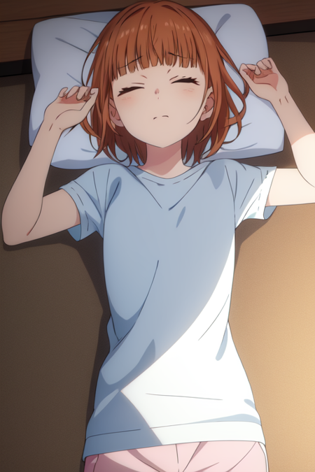 kirishimauta, 1girl, solo, hair down, medium hair, closed mouth, closed eyes, lying, on back, pillow, sleeping, anime coloring