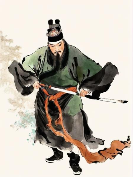 a man with a sword and a hat, chinese clothing, ink splash, ink texture, ink painting  <lora:Dai_Dunbang-000003:0.7>