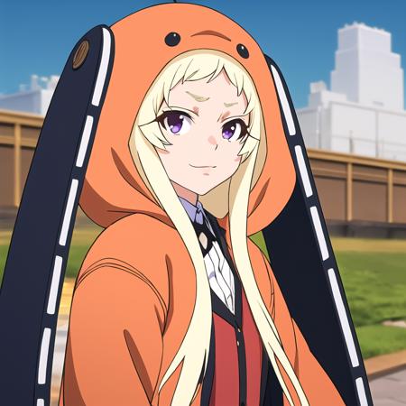 best quality, masterpiece, ultra-detailed,1 girl. solo,  yomozuki runa, blonde hair, purple eyes, long hair,  school uniform, kigurumi, black animal ears,  outdoors,