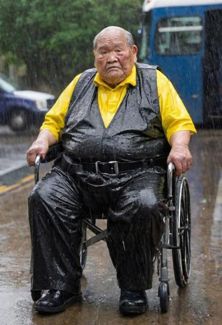 a 94 year old extremely obese wrinkly asian man weighing 800 pounds sits in a wheelchair wearing a high visibility ((thickly padded kevlar vest)) and police uniform pants with a ((shiny black leather belt)) His whole body is dripping with water as he sits in the rain next to a bus stop