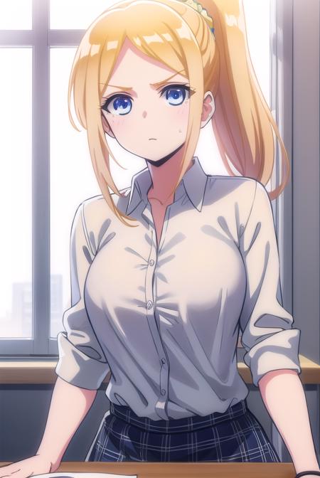 clairethomas, <lora:claire thomas anime s1-lora-nochekaiser:1>,
claire thomas, long hair, blue eyes, blonde hair, ponytail, scrunchie,
BREAK skirt, shirt, school uniform, white shirt, plaid, plaid skirt,
BREAK indoors, classroom,
BREAK looking at viewer,
BREAK <lyco:GoodHands-beta2:1>, (masterpiece:1.2), best quality, high resolution, unity 8k wallpaper, (illustration:0.8), (beautiful detailed eyes:1.6), extremely detailed face, perfect lighting, extremely detailed CG, (perfect hands, perfect anatomy),