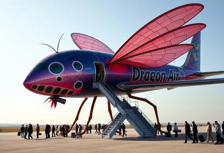 A gigantic plane shaped like a dragon fly with actual working dragonfly wings on top that are buzzing. Plane port windows in a row on the tail for the passengers. A big bug head for the front of the plane that is actually all glass for the pilots.  A door on the side that has one stairwell to the ground that is very functional where people with luggage wait in a single line to board. The plane is very funky and futuristic but still is half alive bug which is very happy and capable of flying all these people very safely. There are no wheels only lean muscle bug legs holding the plane up. The paint is psychedelic and very shiny. On the side of the plane is written in bold letters "Dragon Air" ((masterpiece:1.2)), ((best quality:1.2)), ((intricate detailed)), ((Hyper realistic)), absurd res, perspective, dynamic angle, highly detailed, extreme focus