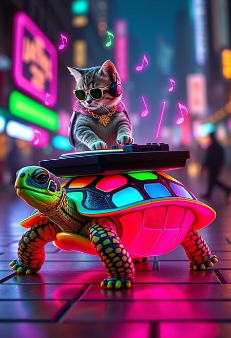"Create a photorealistic image of a turtle with a neon checkered shell, resembling a lit dance floor, transporting a kitten on its back. Both wear club-inspired outfits: the turtle sports a miniature gold chain and shades, while the kitten has a tiny backpack and a glittery headband. On the turtle's back, a miniature DJ station is set up, complete with a turntable, mixer, and speaker. The kitten stands behind the turntable, paws moving swiftly as it remixes beats. Colorful neon music notes radiate from the turntable, filling the air with an electric, pulsating glow. The turtle's shell glows with a mesmerizing pattern of pink, green, and blue neon lights, matching the vibrant atmosphere. The background is a blurred, darkened cityscape with hints of a nightlife district, complete with flashing lights and distant music beats. The overall mood is one of fun, energy, and music, capturing the joy of the unlikely DJ duo as they get ready to drop their next big track." Highest-Quality, 4k, intricate details, visually stunning, Masterpiece