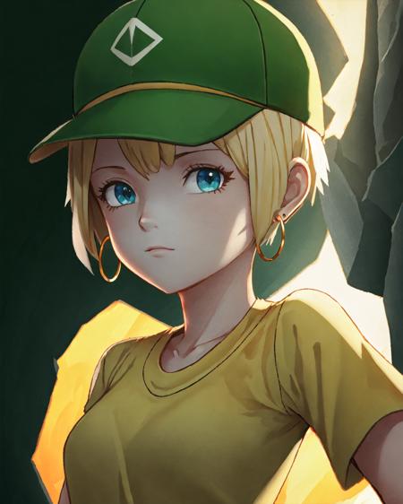 1girl, aqua eyes, baseball cap, blonde hair, closed mouth, earrings, green background, hat, hoop earrings, jewelry, looking at viewer, shirt, short hair, simple background, solo, upper body, yellow shirt, best quality, absurdres, highres, (original), (extremely detailed wallpaper), 8k, (color), (trending on artstation, cgsociety, pixiv:0.65), highly detailed, (coherent:1.5), (beautiful composition:1.2),  (dynamic lighting), (intricate:1.1), (symmetrical:0.5), (hd:1.25), (masterpiece:0.9), [sunbeam, light_rays], blurry_background, depth of field,
<lora:darknoiseOffset:0.75> <lora:kaibanime-000008:0.6>