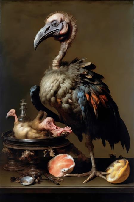 <lora:Willem van Aelst Style:1>Willem van Aelst Style - a dead dodo on a tray like a still life oil painting