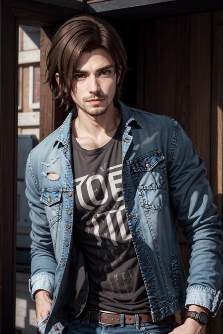 Michael Renne X'voor,  solo,  brown hair,  shirt,  1boy,  jacket,  upper body,  male focus,  facial hair,  denim,  stubble, <lora:EMS-45456-EMS:0.400000>