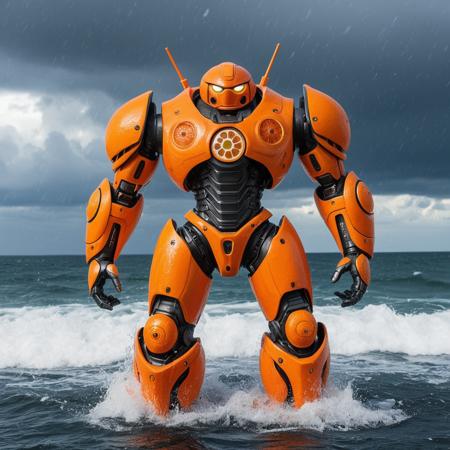 blood orange style, giant citrus mech inspired by Gypsy Danger, constructed from segmented blood oranges and reinforced citrus rind armor, glowing pulp energy core in the chest, orange slice turbine fists, juice thrusters firing from the back, standing in a stormy orange juice ocean, citrus peel battleship wreckage in the background, dramatic storm clouds in a marmalade sky, cinematic lighting with glowing rain and reflective juice surfaces, epic scale, painterly detail, rule of thirds composition, surreal kaiju-fighting machine <lora:blood_orange_world_morph_sdxl:0.5000000000000001>
