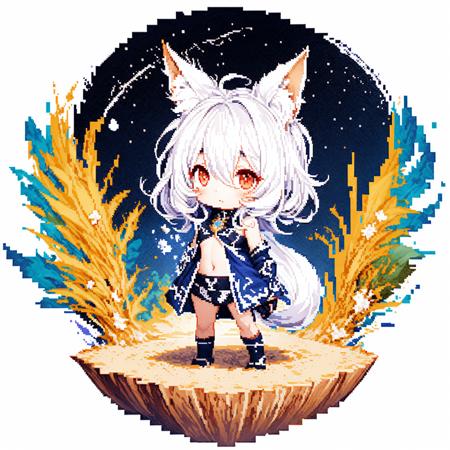 (white background:1.5), (chibi:1.5), (isometric:1.1), mid shot, full body,
<lora:GachaSplash4:1:Gacha> <lora:SilvermoonMix06:0.7>
(pixel art:1.5), (hyper extreme detailed,masterpiece,best quality:1.2),(watercolor:1.1),dynamic angle,floating,beautiful detailed glow, sfw,white long hair and fox ears,red eyes,bangs,parted bangs,eyes visible through hair,sidelocks,hair intakes,small breasts,veil,bare shoulders,navel,starry sky,desert,floating sand flow,colorful bubble