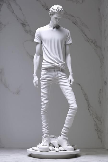 <lora:Daniel Arsham Style:1>Daniel Arsham Style - a skinny white marble statue sculpture wearing a white t shirt and skinny jeans. Fashion. beautiful composition.