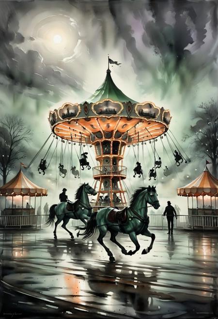 A dinkfsn style ink wash painting 
A scene of Liminal outdoor scene of deserted amusement park at night, no humans, Galloping Horse Carrousel rideon front ,Ferris wheel amd other rides can be seen in background, soft luminous realism, dramatic atmosphere, glowing rich textures, rich oil-paint detailing, contrast between light and shadow, misty and romantic environment, gentle emotional expression, stormy epic cloudy skies.
Rich colors, color palette of green, gray, mahogany and violet. Highlights of orange light in the windows and streetlights.