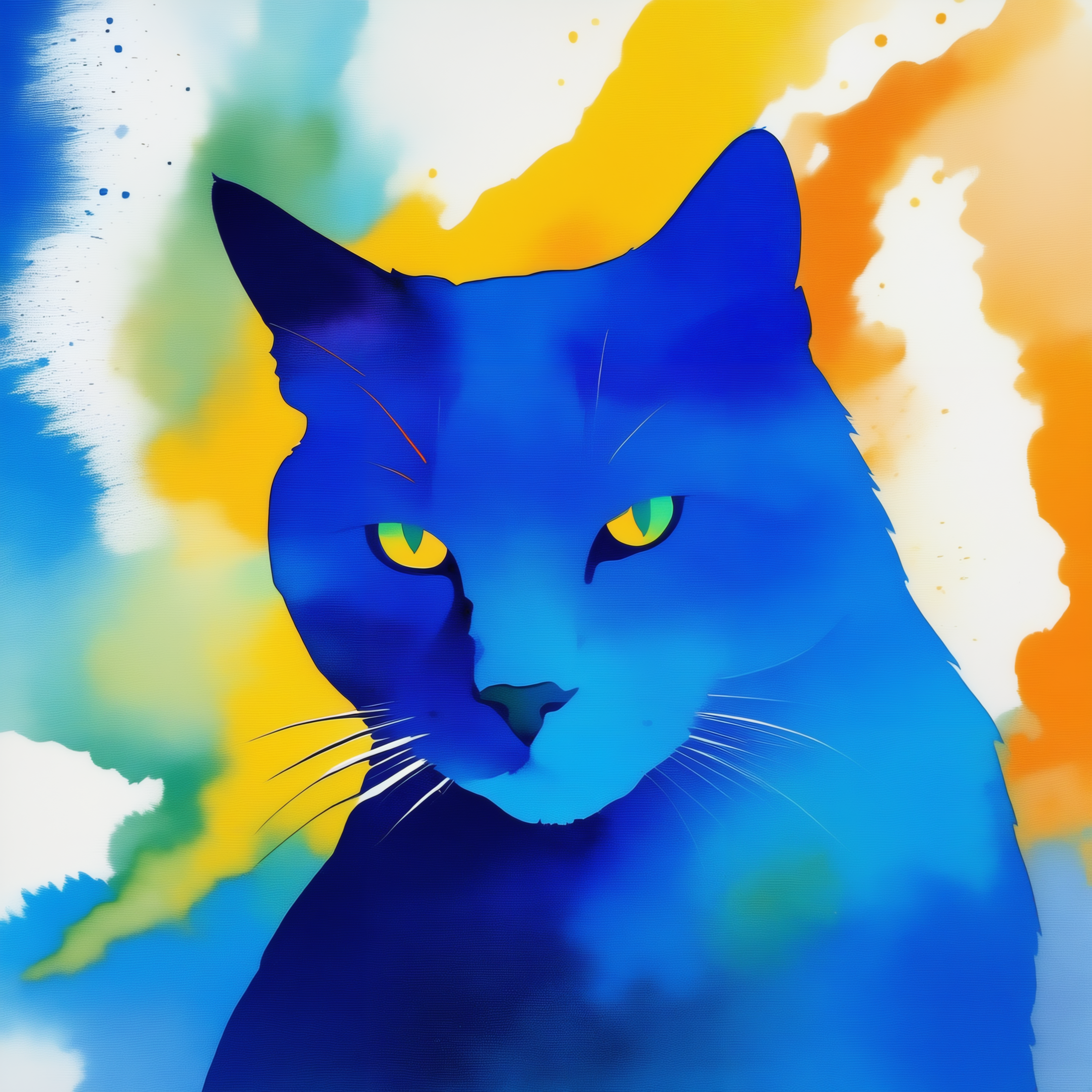 Positive prompt :  blue cat,abstract, watercolor on photo,Colors are: orange, olive green, purple, black, deep teal, light sky blue, soft sky blue, white,Splattered paint effect,woman and man,16k resolution,Kodak 35 Camera,Integrated Arts,Famicom/NES color palette