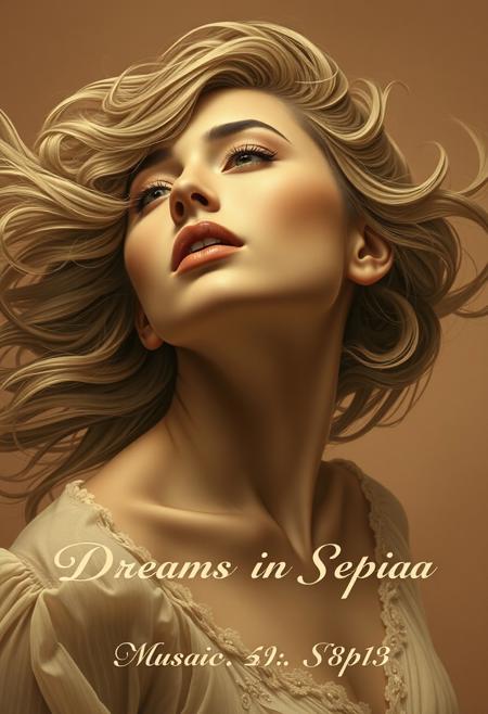 high quality design aesthetics, dynamic, detailed, pop album cover,  beautiful young white woman, artist name "Musaic", album title "Dreams in Sepia"