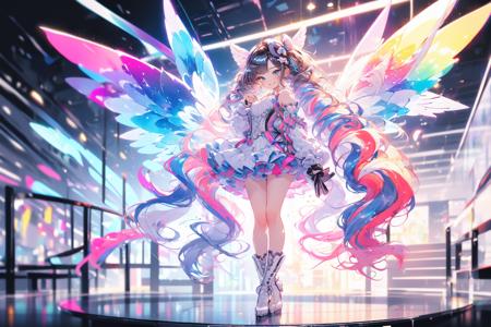 (masterpiece:1.2), best quality,PIXIV,Colorful portraits, 
multicolored,1girl, solo, long hair, heart, very long hair, wings, pink hair, looking at viewer, dress, blue eyes, bangs, white wings, bow, twintails, full body, standing, boots, multicolored hair, white footwear, high heels, bottle, smile, hair bow, hair ornament
<lora:Colorful portraits_20230715165729-000018:1>